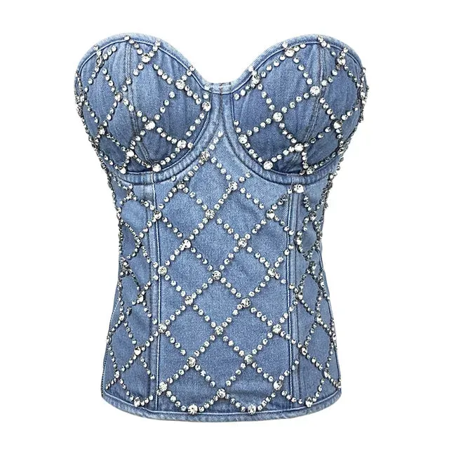 Pre Order:  Rhinestones Lattice Corset Tank Top