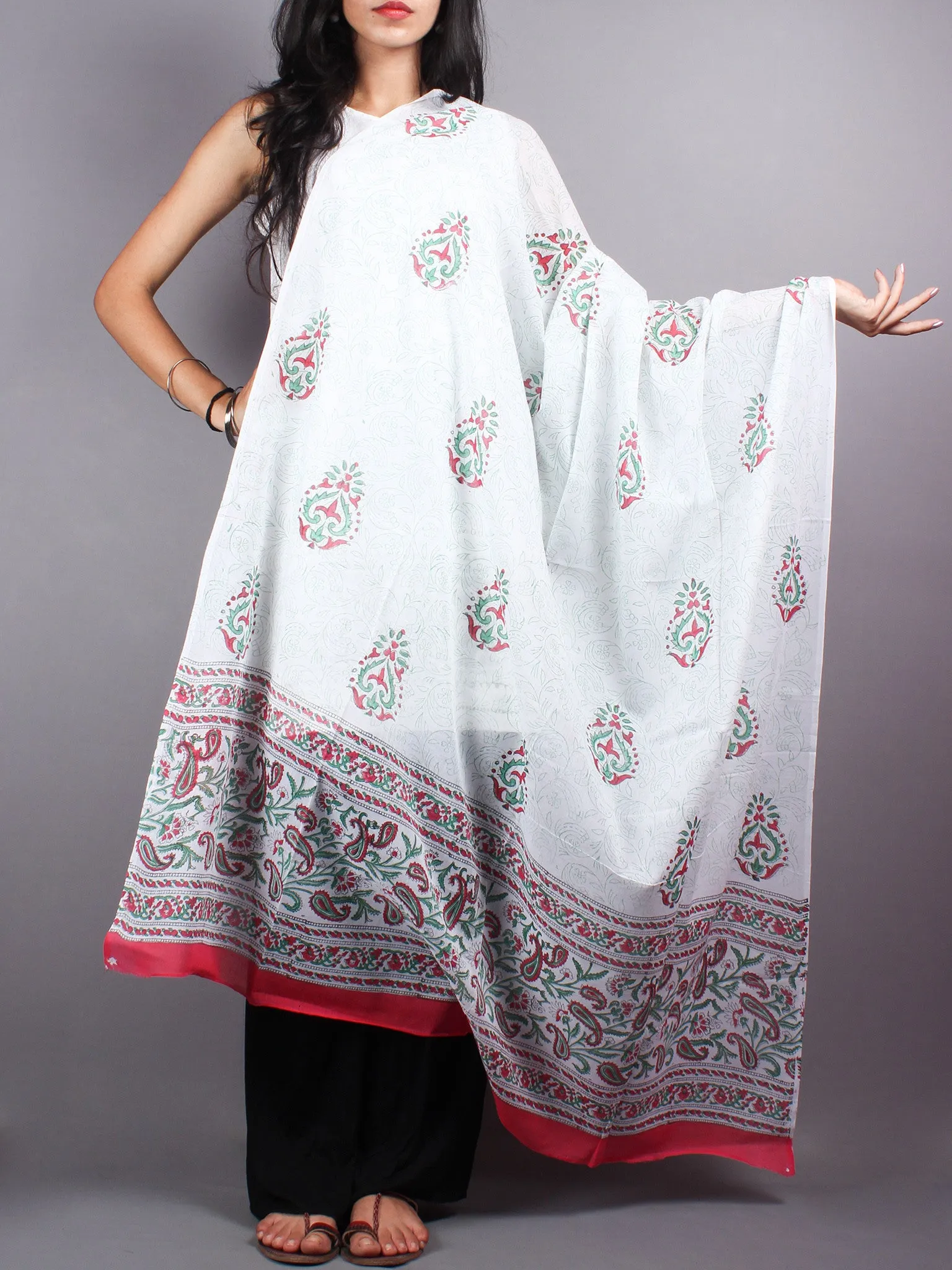 Red Green Cotton Hand Block Printed Dupatta- D0417038