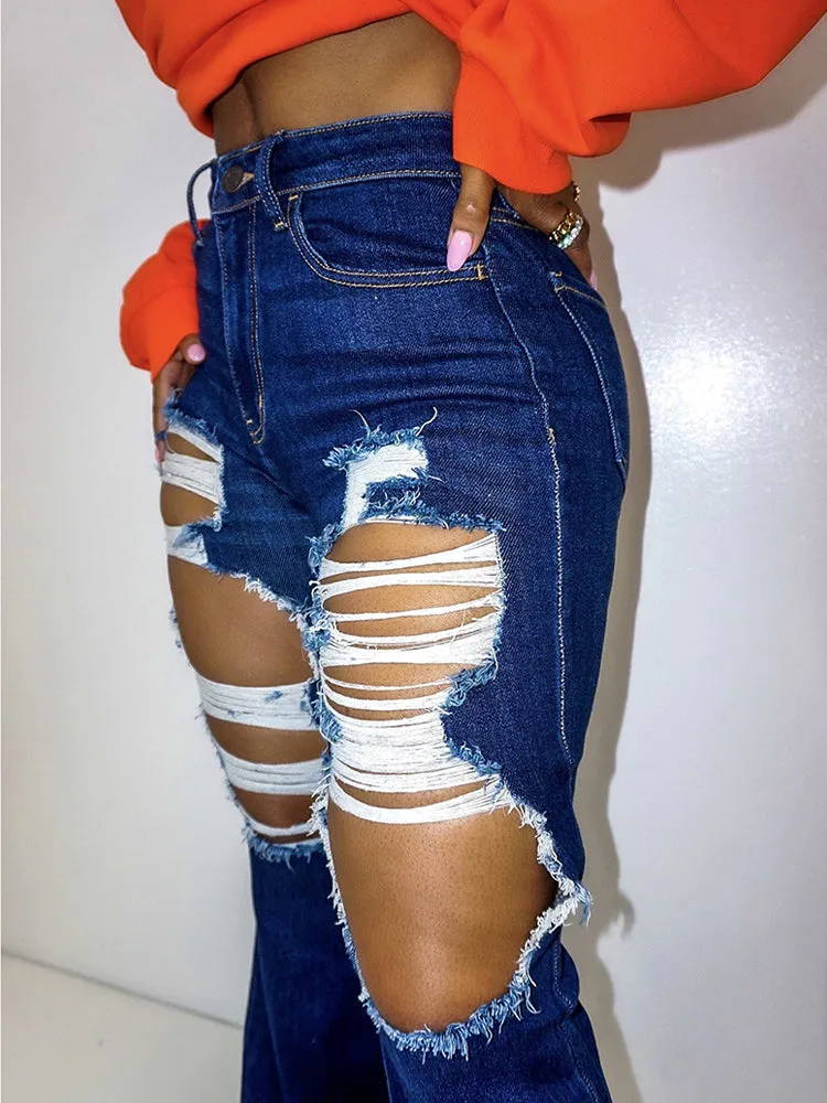 Ripped High Graceful Waist Straight Jeans