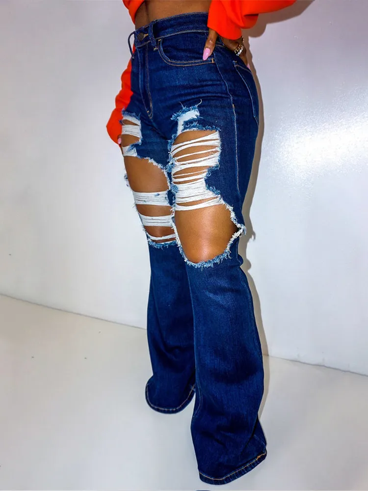 Ripped High Graceful Waist Straight Jeans