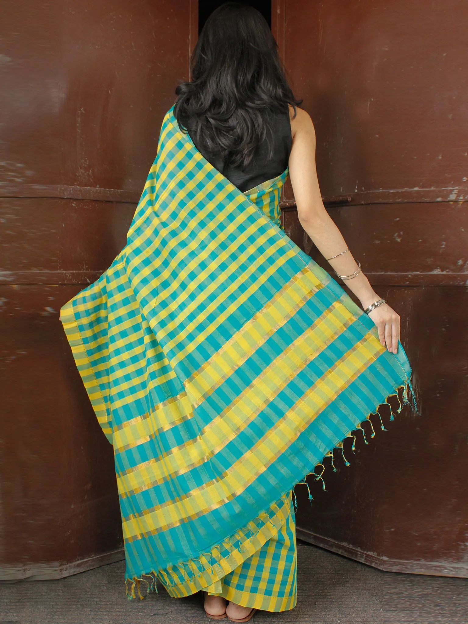 Sky Blue Yellow Handloom Mangalagiri Cotton Saree - S031703682