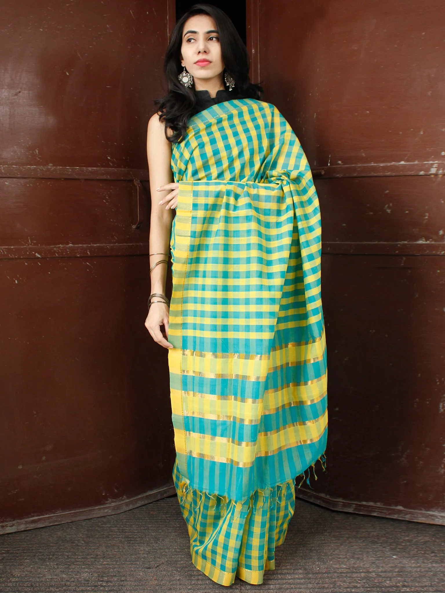 Sky Blue Yellow Handloom Mangalagiri Cotton Saree - S031703682