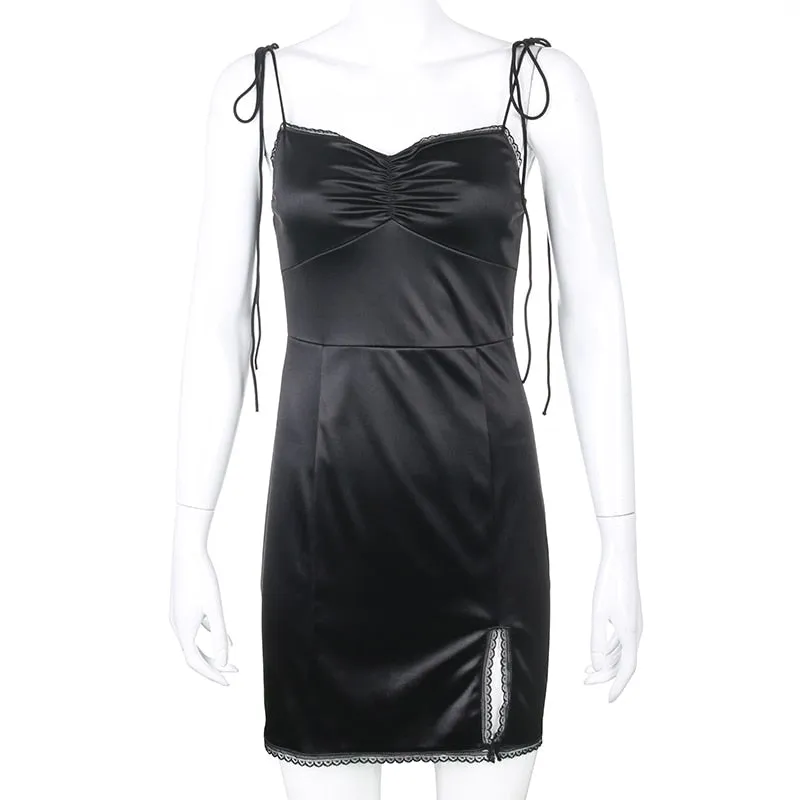 Strappy Satin Graceful Ruched Black Dress