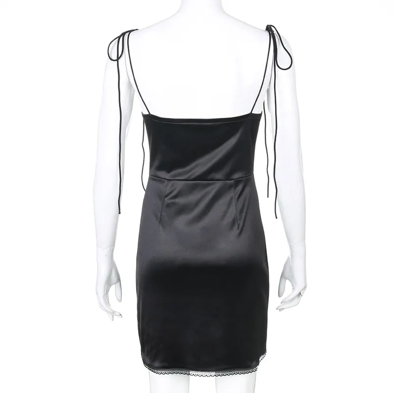 Strappy Satin Graceful Ruched Black Dress