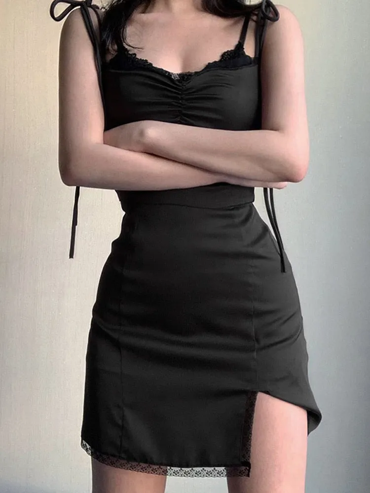 Strappy Satin Graceful Ruched Black Dress