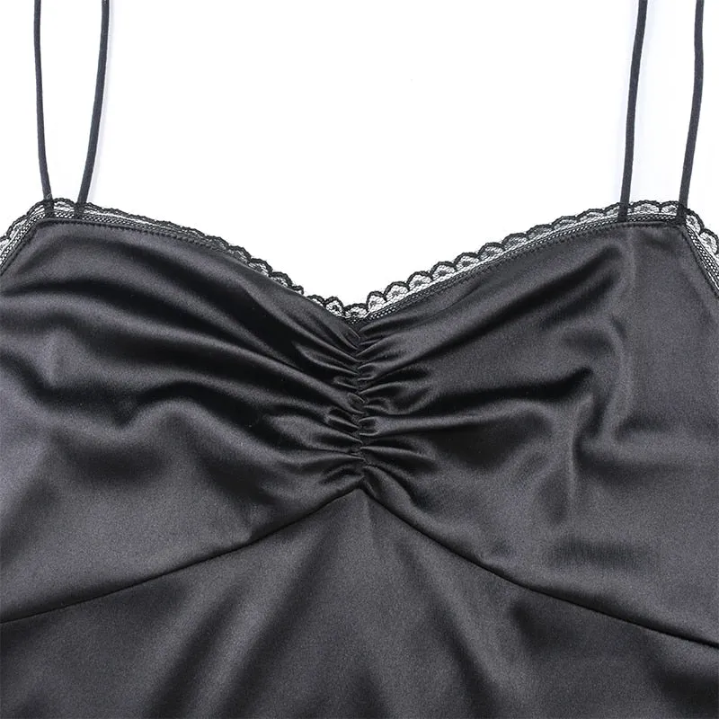 Strappy Satin Graceful Ruched Black Dress