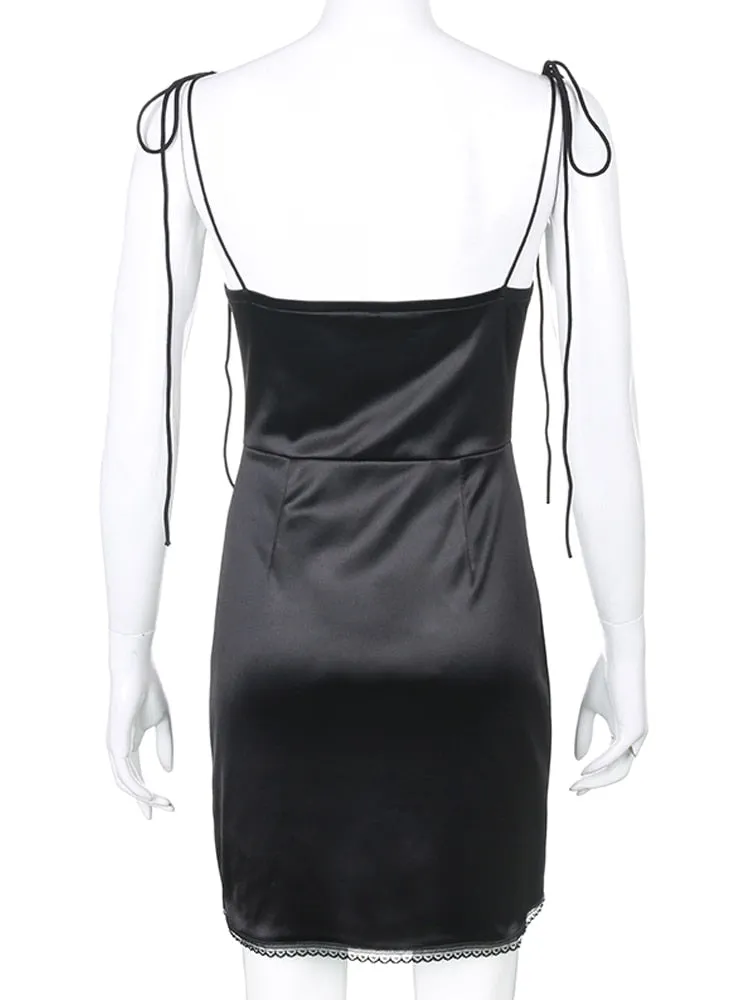 Strappy Satin Graceful Ruched Black Dress