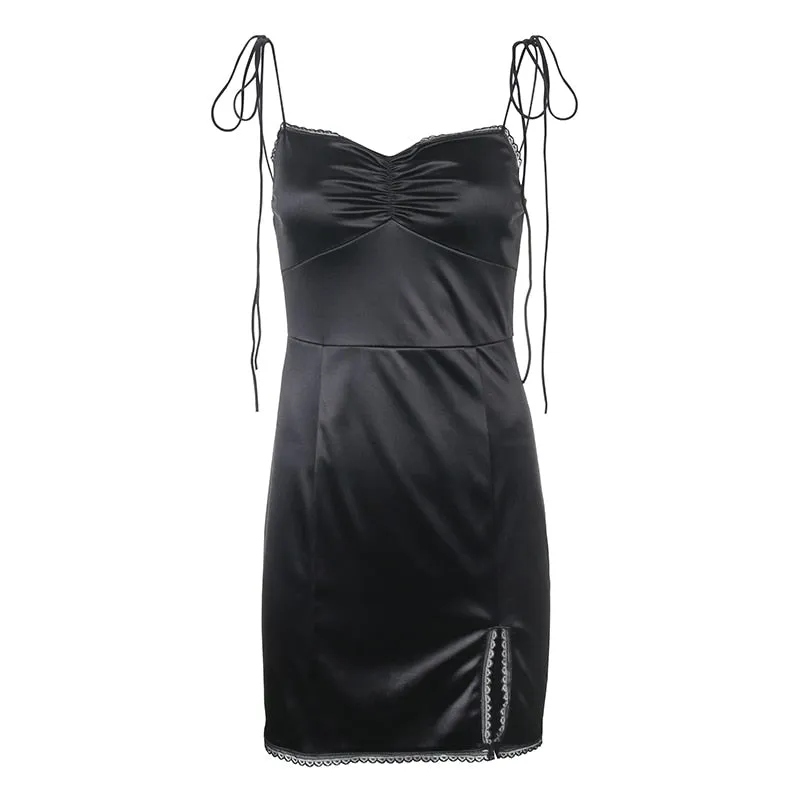 Strappy Satin Graceful Ruched Black Dress