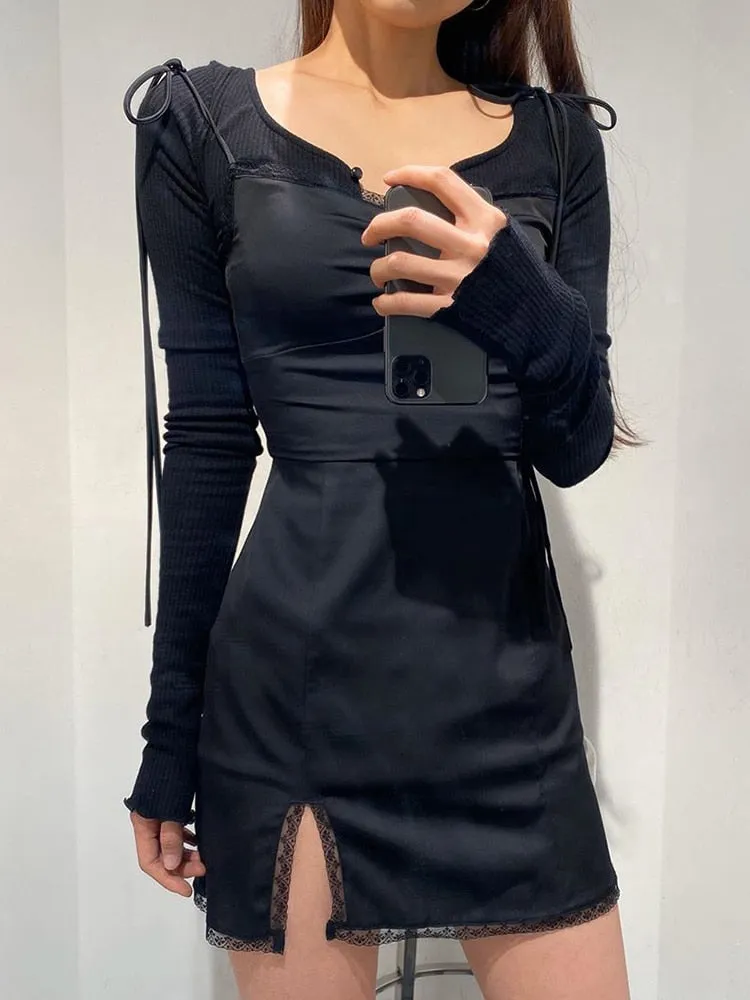 Strappy Satin Graceful Ruched Black Dress