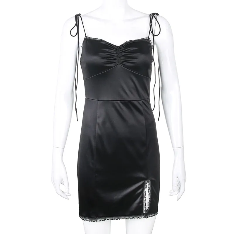 Strappy Satin Graceful Ruched Black Dress