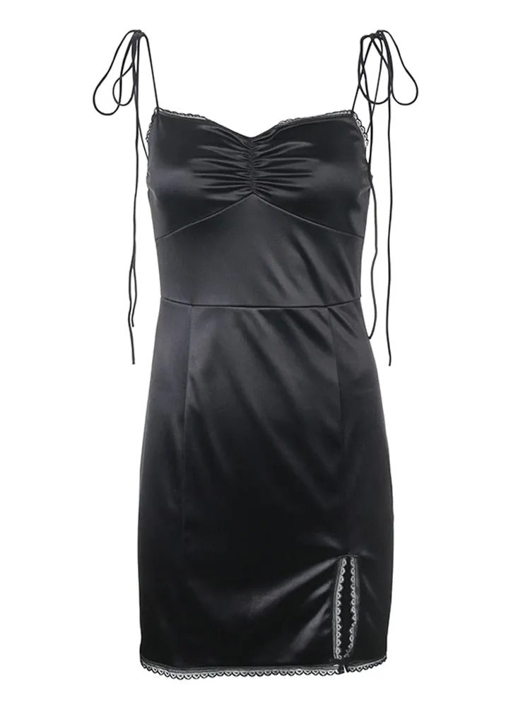 Strappy Satin Graceful Ruched Black Dress