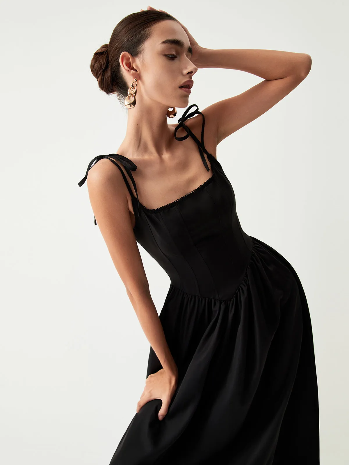 Tie Shoulder Graceful Pleated Midi Dress