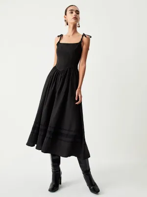 Tie Shoulder Graceful Pleated Midi Dress