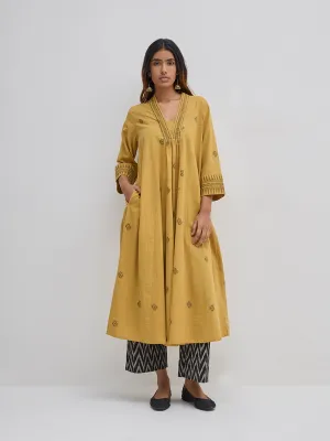 Utsa Mustard Ikat-Embroidered Cotton A-Line Kurta