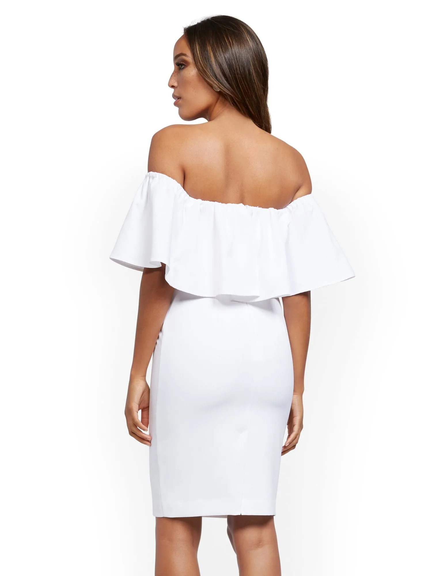 White Flounced Off-The-Shoulder Sheath Dress