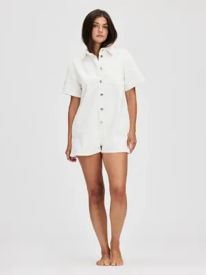 White Short Sleeve Denim Romper