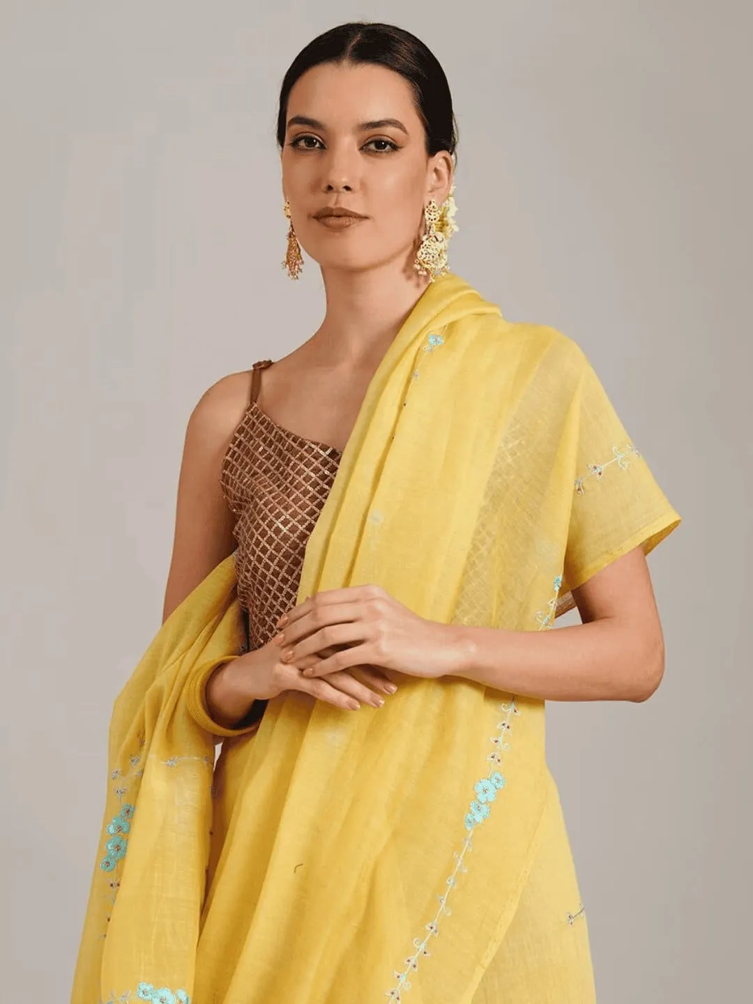 Yellow embroidered Silk Chanderi Saree